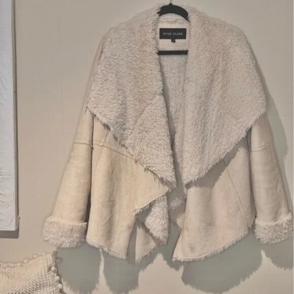 River Island Suedette Borg Lined Waterfall Open Jacket -XL in Cream -Stock Photo - Picture 3 of 7